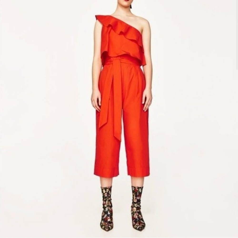 ZARA Orange Ruffled One Shoulder Cropped Jumpsuit